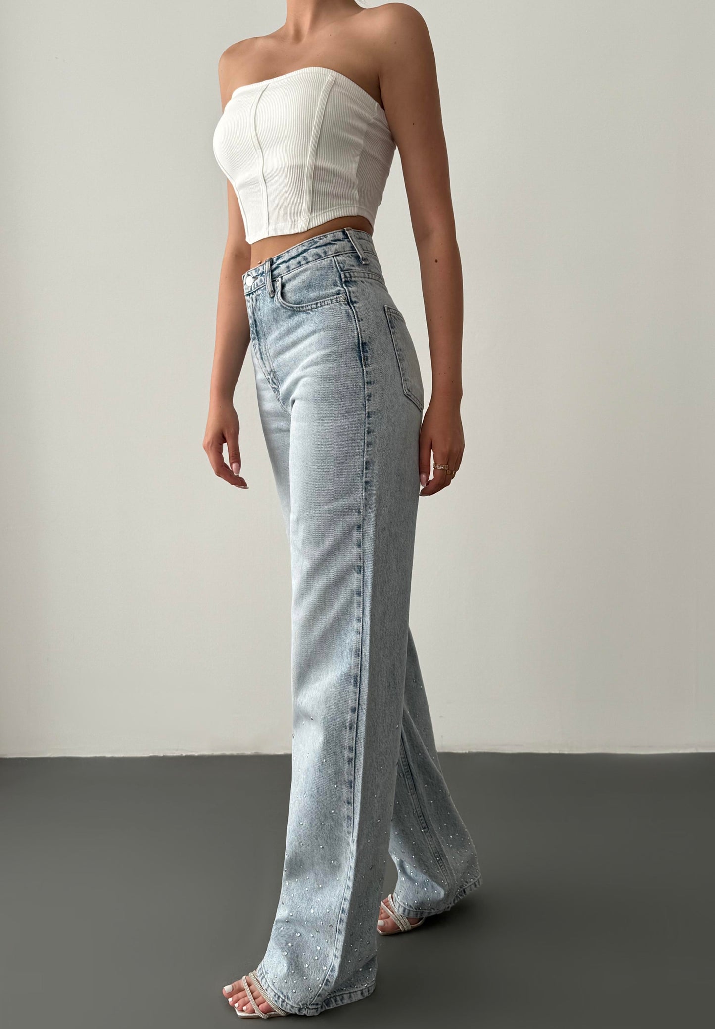 Denim jeans met steentjes