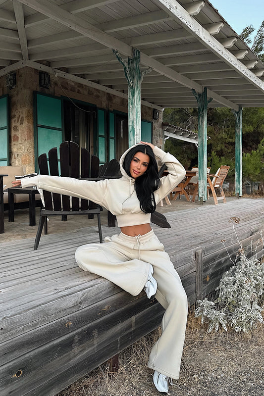 Oversized hooded two piece set beige