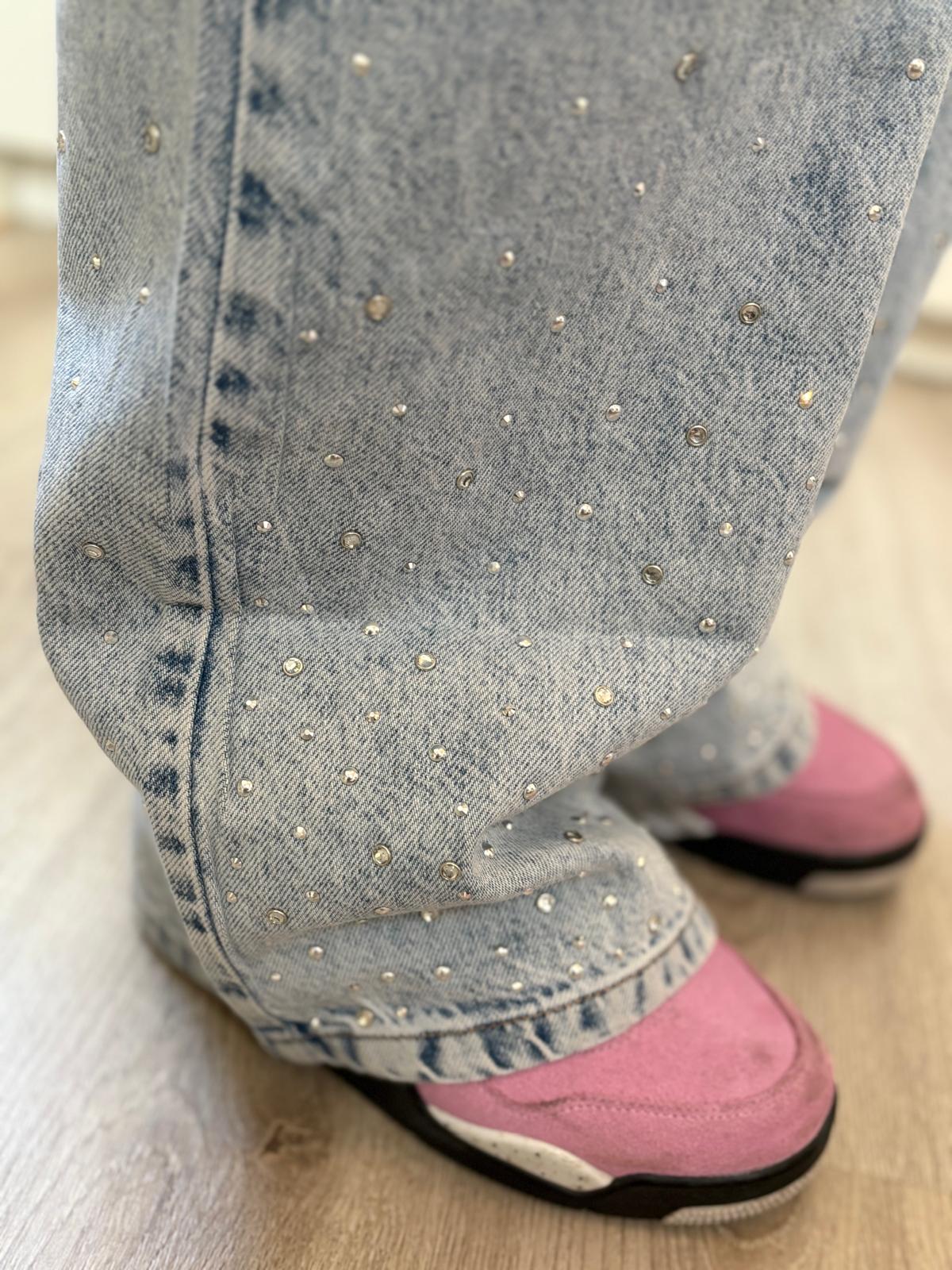 Denim jeans met steentjes