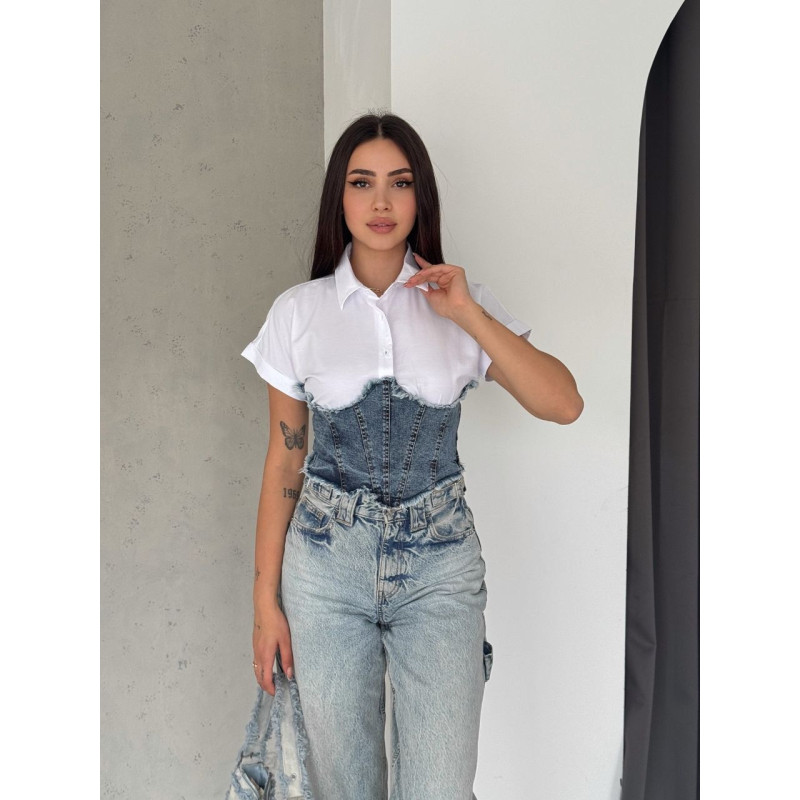 Wit cropt overhemd met denim corset