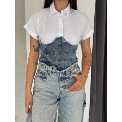 Wit cropt overhemd met denim corset