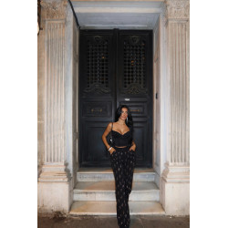 Zwarte broek met hoge taille en steendetail