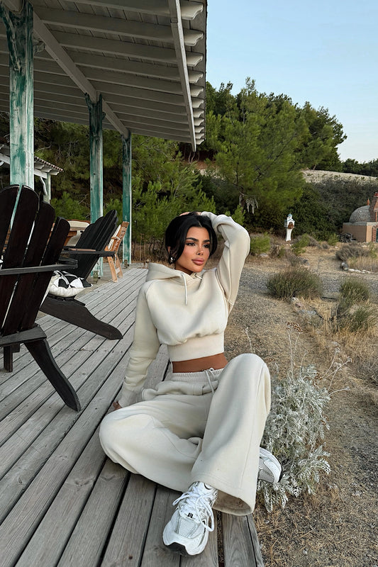 Oversized hooded two piece set beige