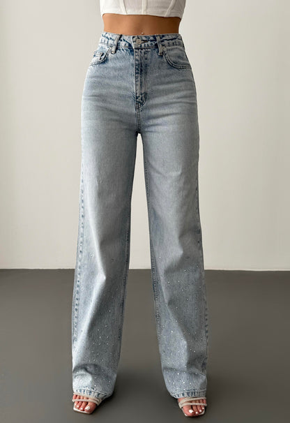 Denim jeans met steentjes