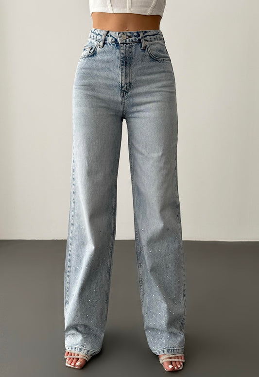 Denim jeans met steentjes