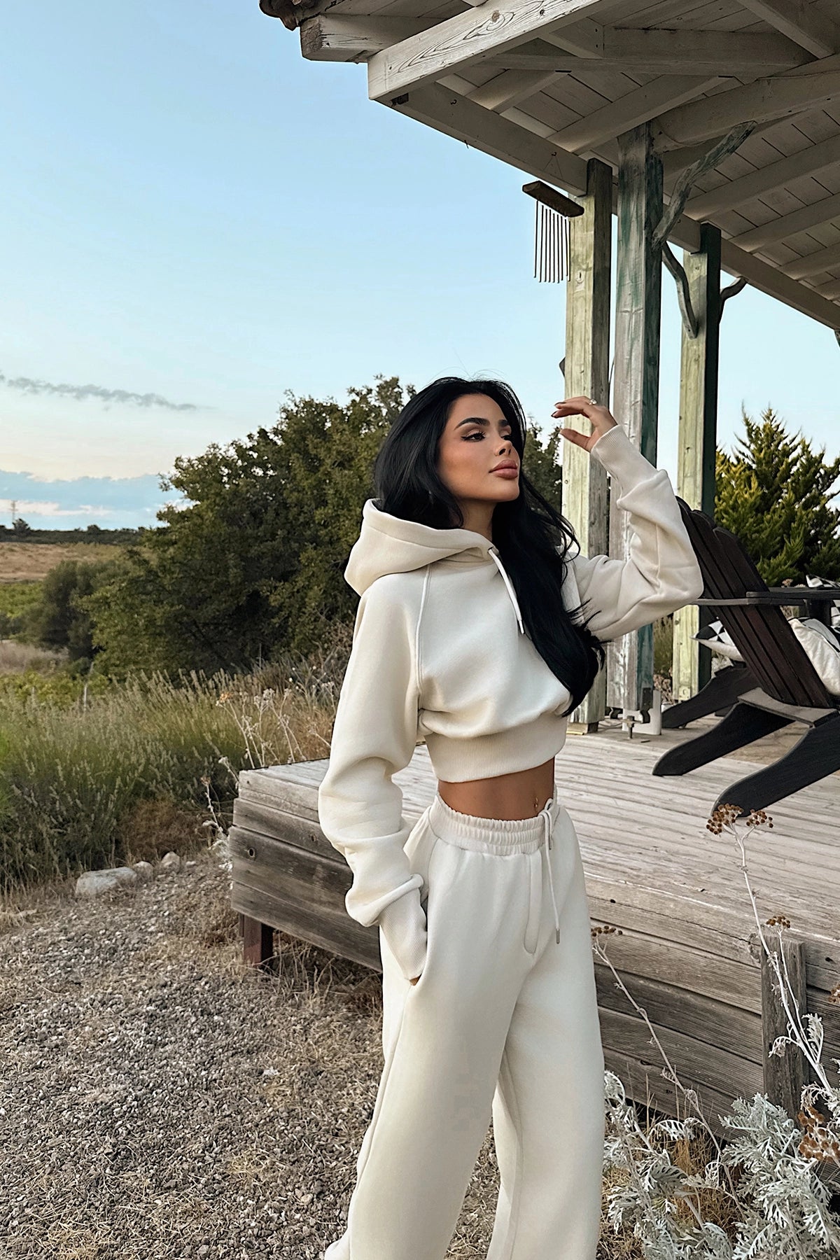Oversized hooded two piece set beige