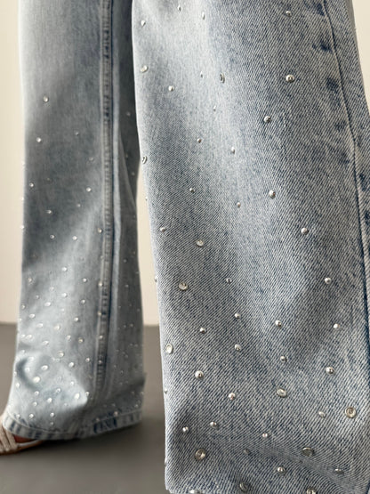 Denim jeans met steentjes